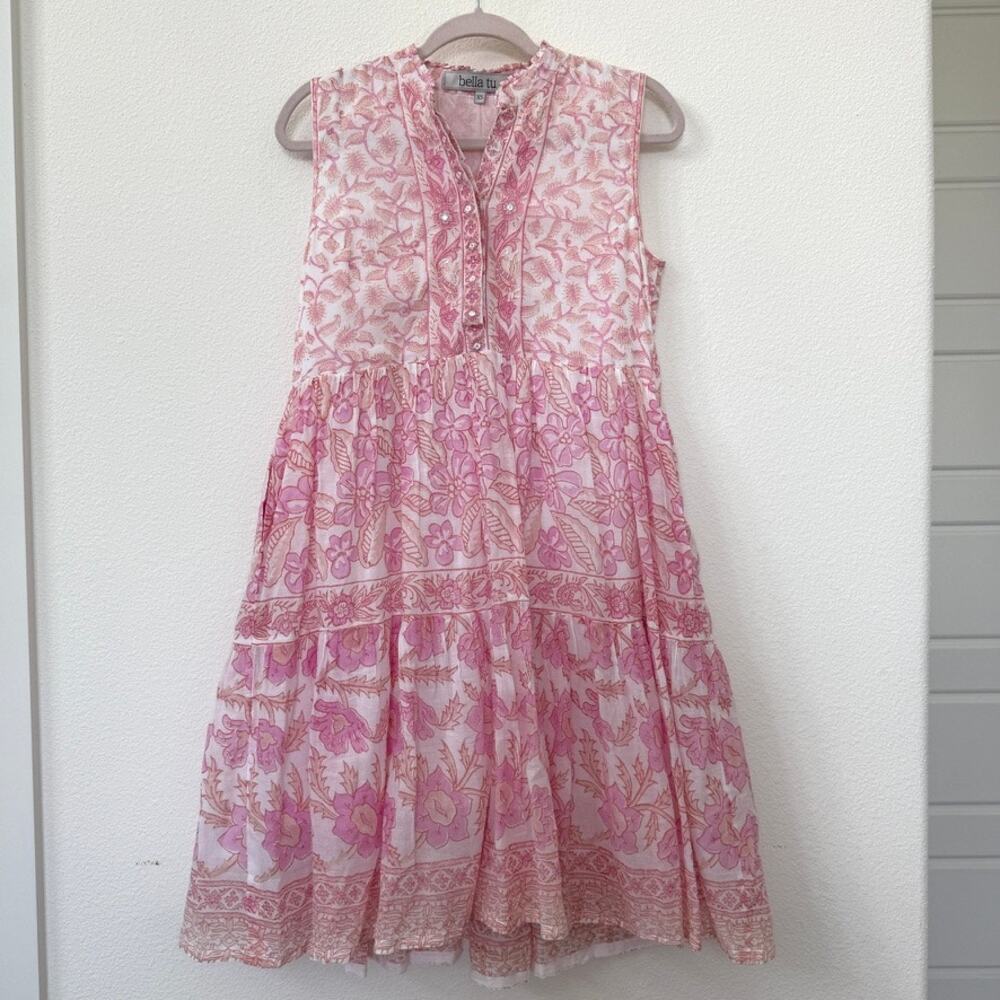 BELLA TU Boho Floral Embroidered Sleeveless Tiered Dress Pink Cotton XS